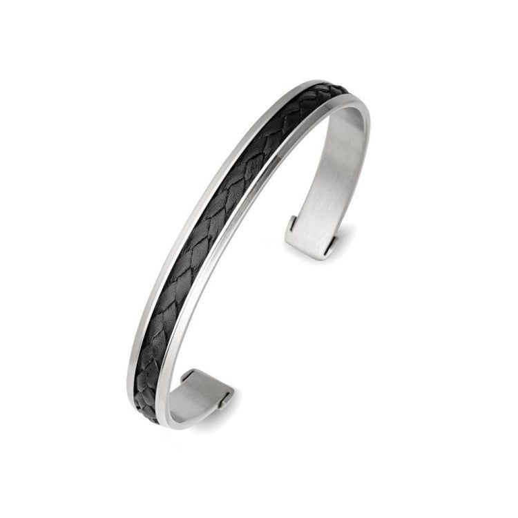 Stainless steel men's cuff bangle with leather detail