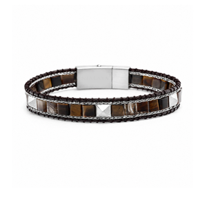 T.M.J Kairos Tiger Eye bead bracelet with silver accents, featuring polished tiger eye beads and silver spacer details.