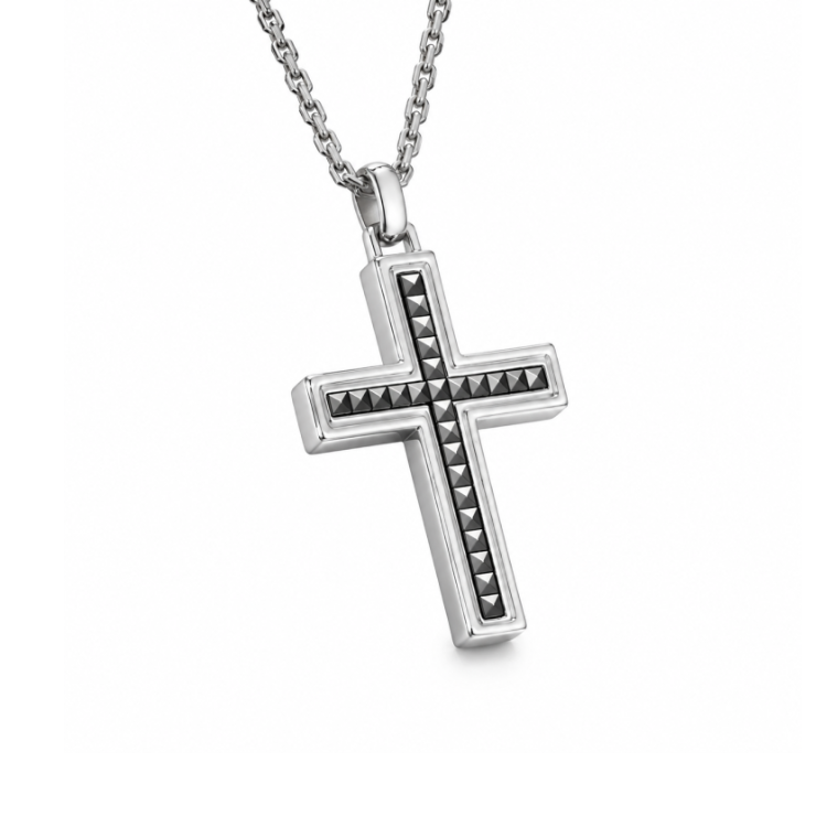 Hoxton London' Men's Sterling Silver 24mm x 43.2mm Pyramid Marcasite-Set Cross Adjustable Necklace 51cm/20" - 55cm/21.5