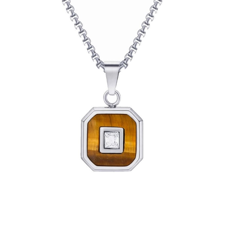 Aurex Tiger Eye & Princess-Cut CZ Stainless Steel Pendant