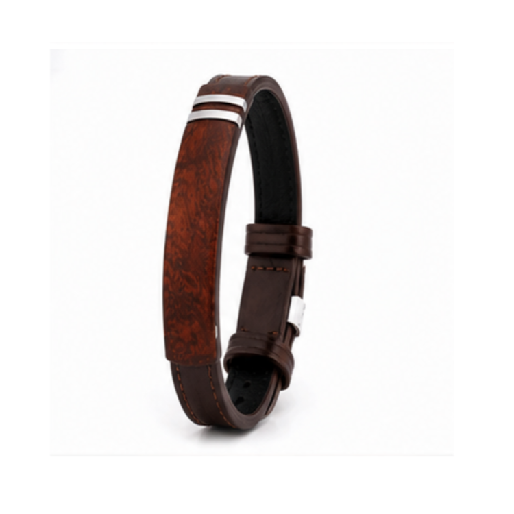 Men's Brown Leather Bracelet with Bubinga Wood and Steel inlay