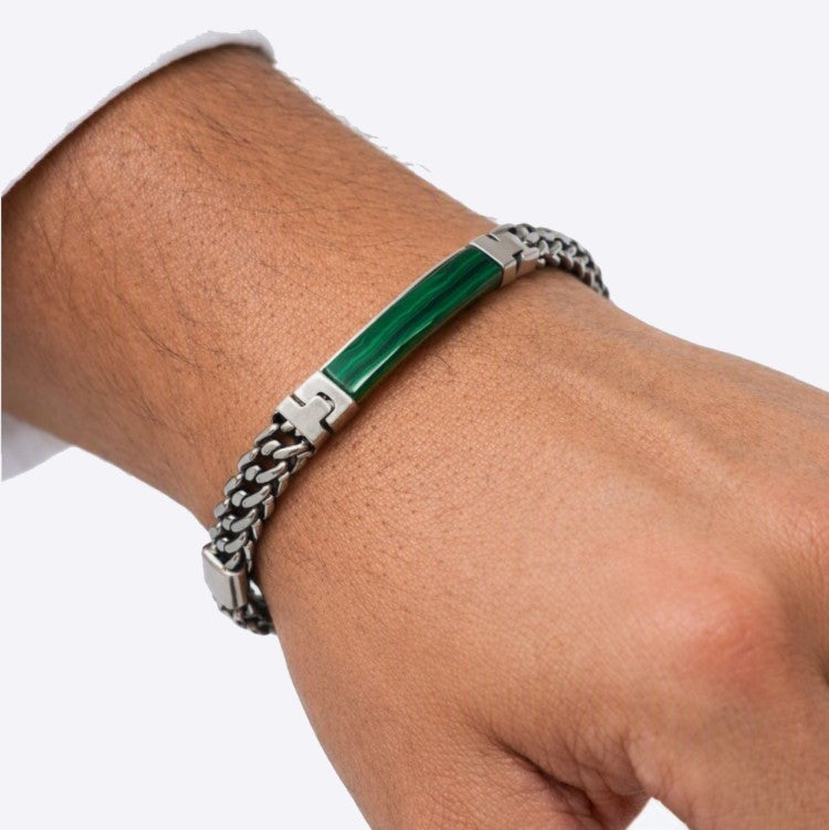 Stainless Steel Link Bracelet with Malachite inlay
