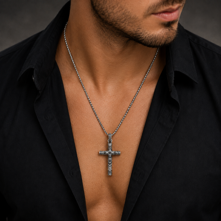 Vessalius Silver Cross C.Z Double Sided Pendant