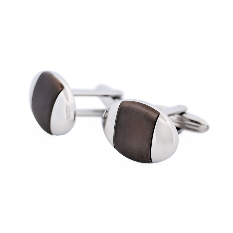 Stainless Steel Ion-Plated Matte Gunmetal Oval Cufflinks with Polished Sides