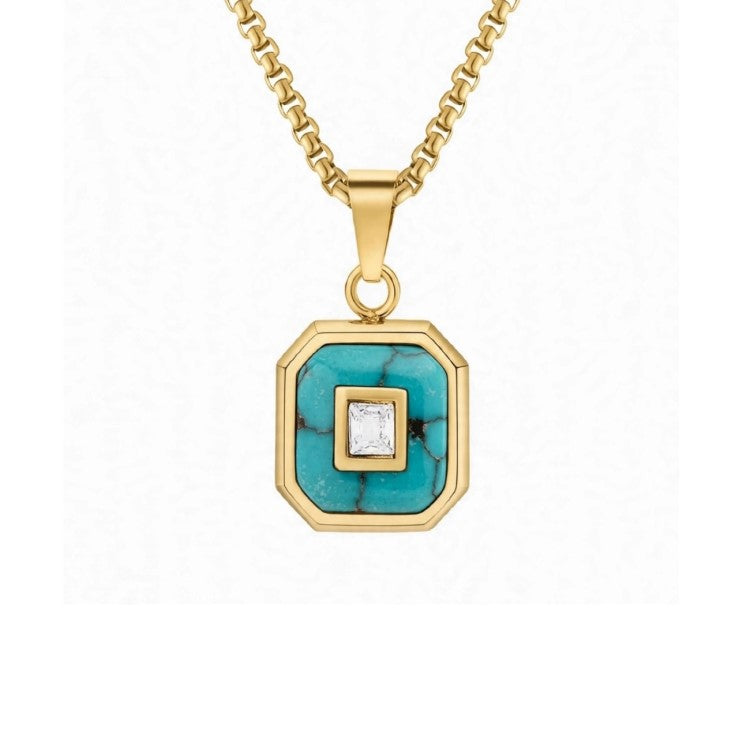 Aurex Turquoise & Princess-Cut CZ PVD-Plated Stainless Steel Pendant