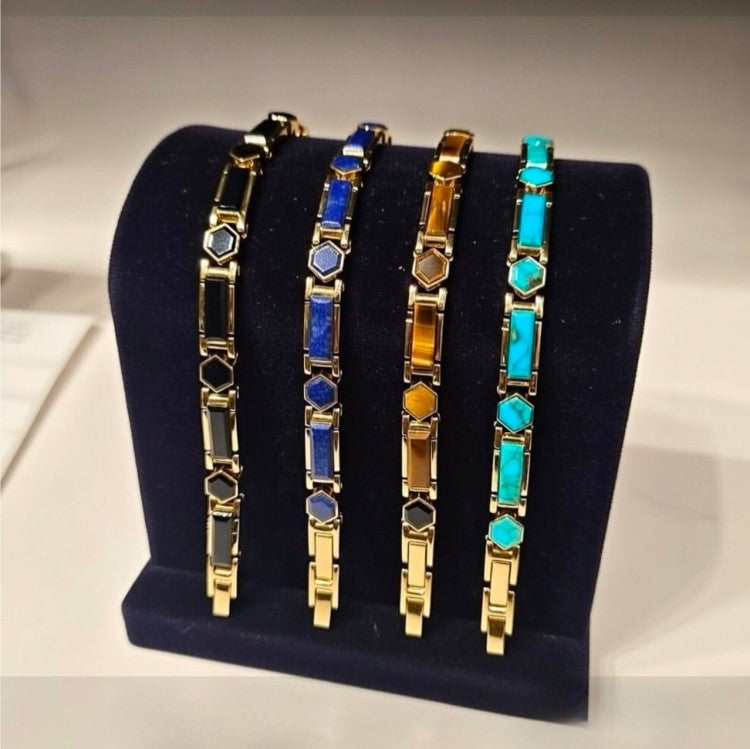 Gold Stainless Steel Gemstone Link Bracelets – 7mm Width, Adjustable 19–22cm Length