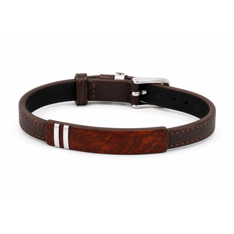 Men's Brown Leather Bracelet with Bubinga Wood and Steel inlay