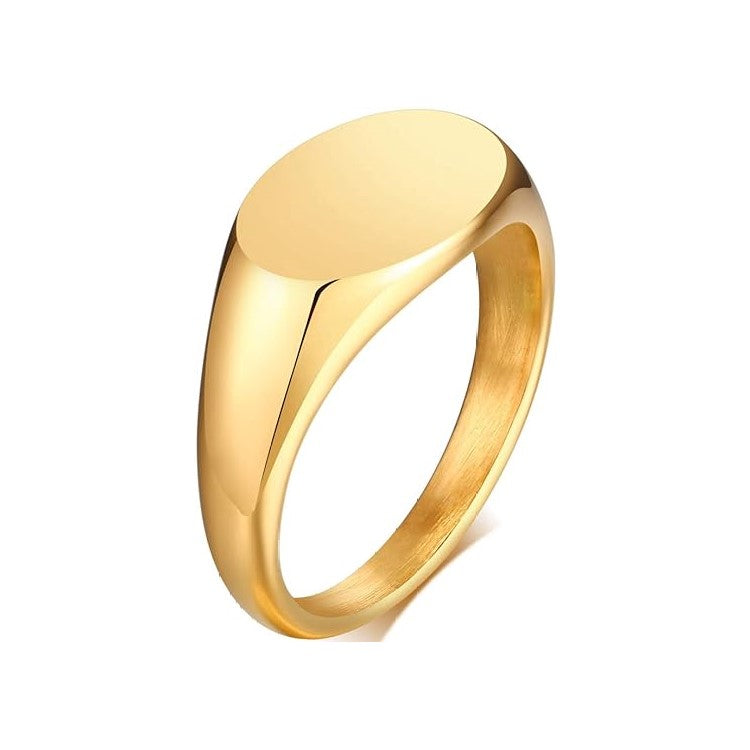 Stainless steel classic oval signet pinky ring with sleek satin finish, minimalist design, and high-polished shine.