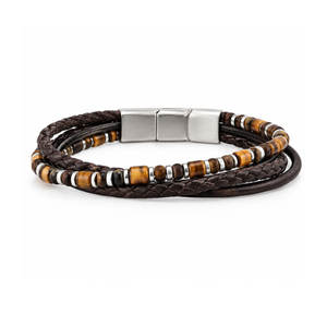 T.M.J leather bracelet with Corsair Tiger Eye beads and braided leather multi-strand design, stylish and handcrafted accessory.