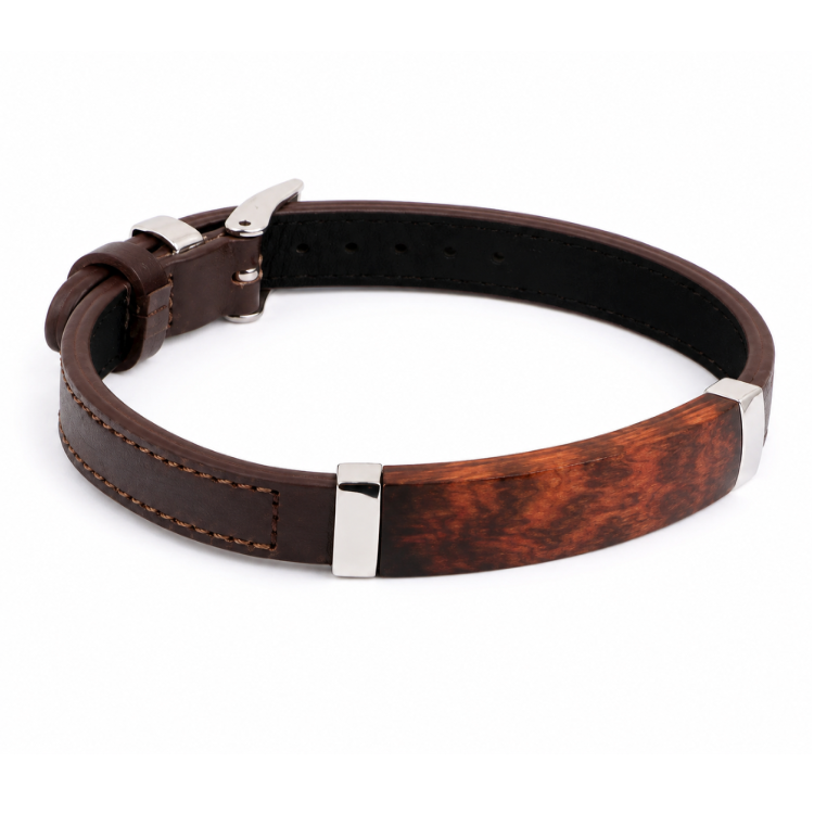 Men's Brown Leather Bracelet with Leopard Wood Inlay