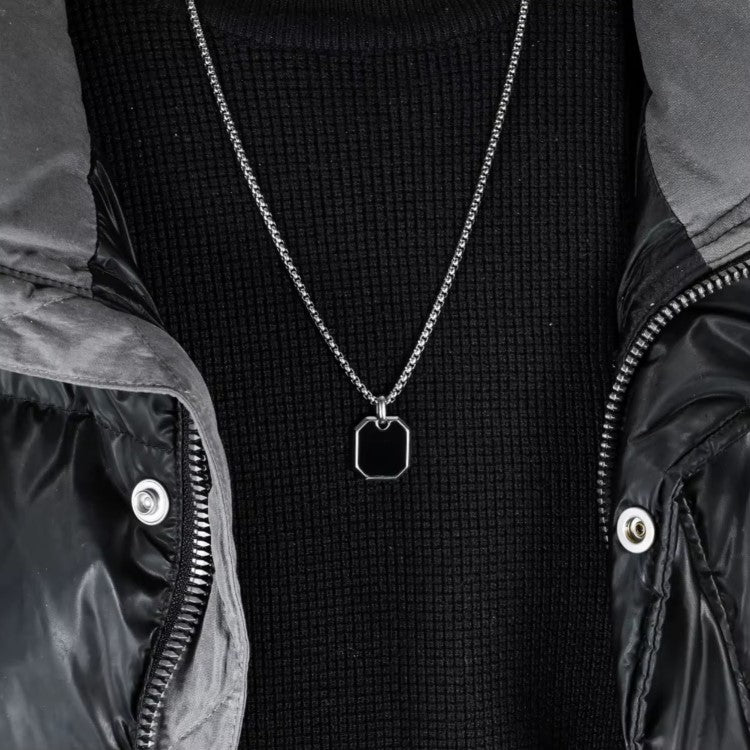 Stainless Steel Black Onyx Geometric Pendant with Chain