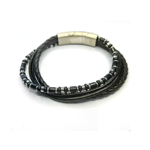 T.M.J black Agate and braided leather multi-strand bracelet with silver accents, stylish and durable leather jewelry accessory.