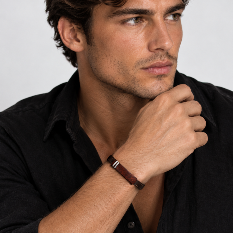 Men's Brown Leather Bracelet with Bubinga Wood and Steel inlay
