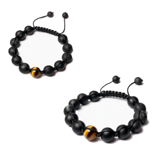 Corven Lava, black agate and tiger eye bead bracelet with macrame design from T.M.J. showcasing natural stone beads and woven cord.