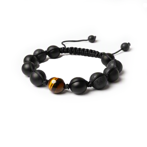 Corven Lava, black agate and tiger eye bead macrame bracelet by T.M.J featuring natural stones and intricate knotting.