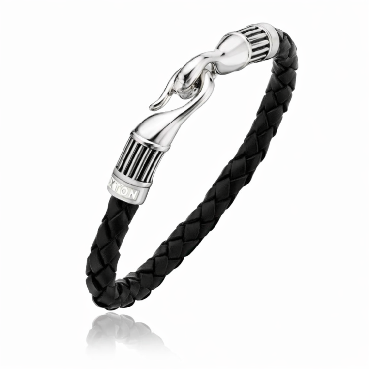 'Hoxton London' Men's Sterling Silver 'Bold' Leather and Silver Ribbed Hook Bracelet