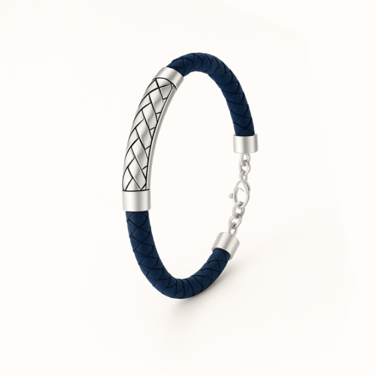 Theseus Mens Sterling Silver Blue Leather Bracelet