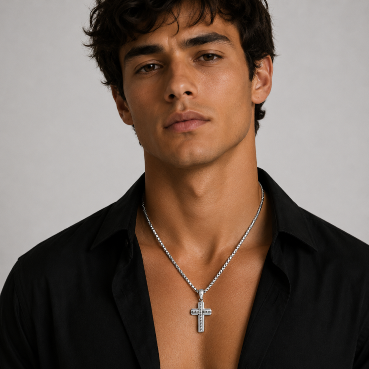 Stainless Steel Cross Pendant with Twisted Wire Inlay