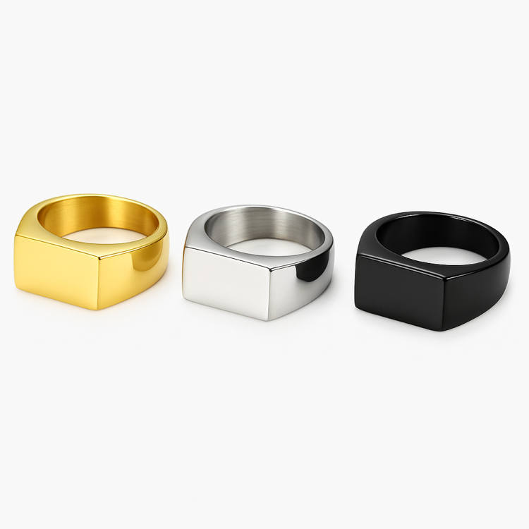 Men’s polish finish stainless steel dress rings in gold, silver, and black options.