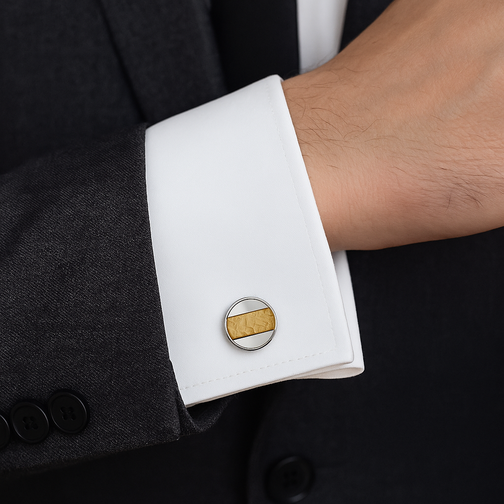 Stainless Steel Round Cufflinks with Lemon Colour Fiberglass Inlay