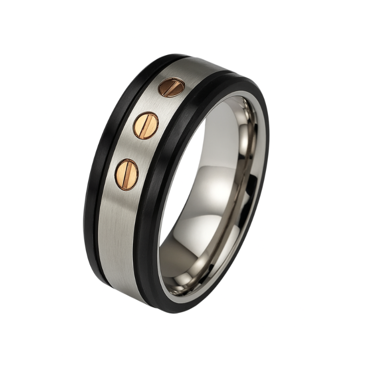 Sleek Carbon Fiber & Stainless Steel Ring with Gold Accents