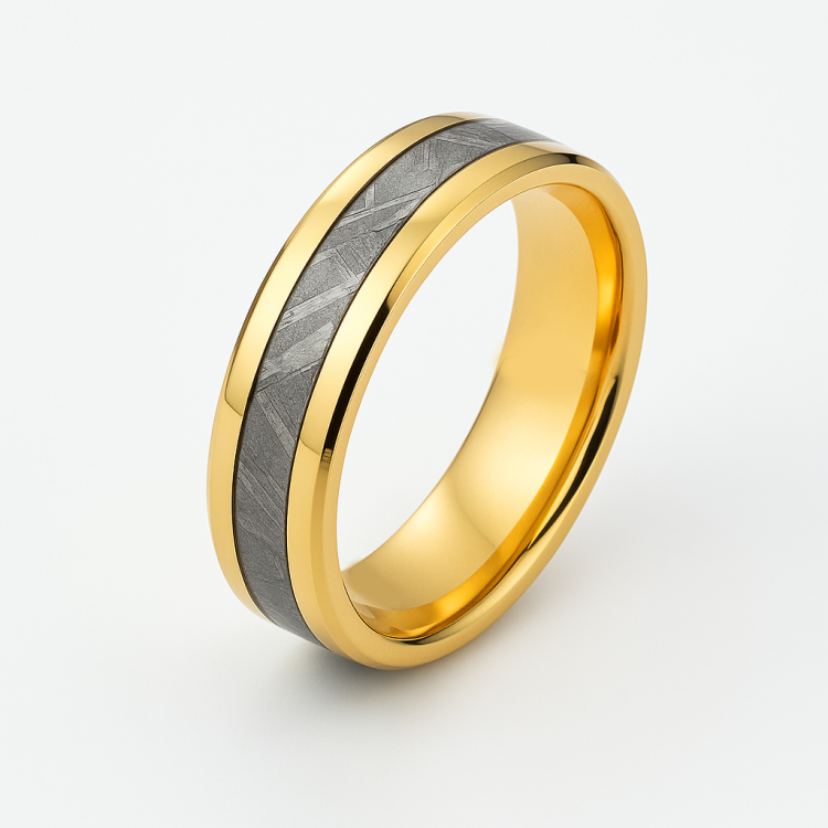 Gibeon Meteorite & 18k Gold Wedding Band with Dual Bands