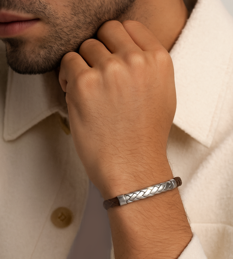 Theseus Mens Sterling Silver Brown Leather Bracelet