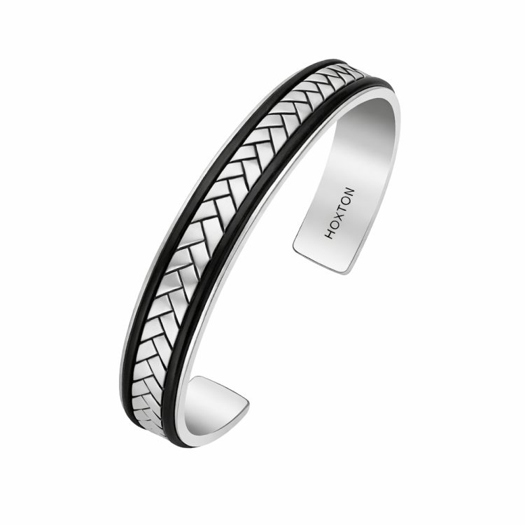 Hoxton London' Men's Sterling Silver Herringbone Leather Inlay Cuff Bangle