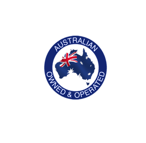 Australian owned and operated seal with map and flag.