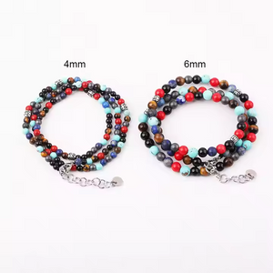 Multi-wrap beaded bracelet with turquoise, red jasper, blue lapis, hematite, and onyx beads in 4mm and 6mm sizes.
