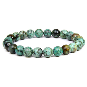 African Turquoise Beaded Bracelet with green-blue jasper stones on elastic cord, handcrafted in Melbourne.