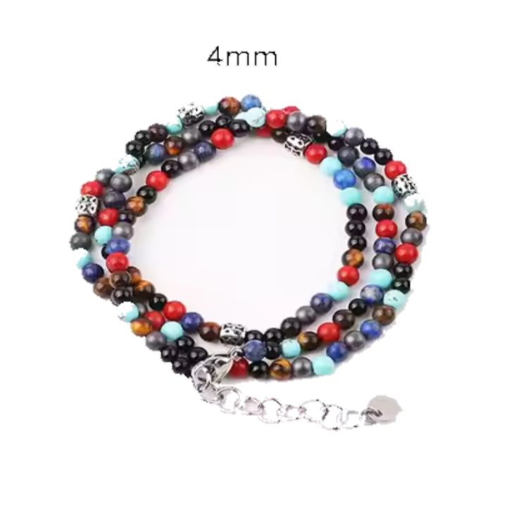Multi-wrap beaded bracelet with turquoise, red jasper, blue lapis, hematite, and onyx, handcrafted.