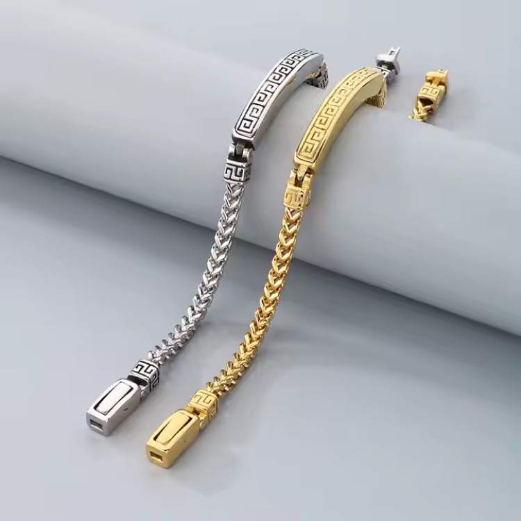 Modern Elegance: Herringbone Stainless Steel Greek Key ID Bracelet