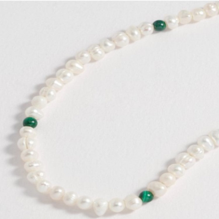  Men’s Pearl and Green Tiger Eye Gemstone Necklace
