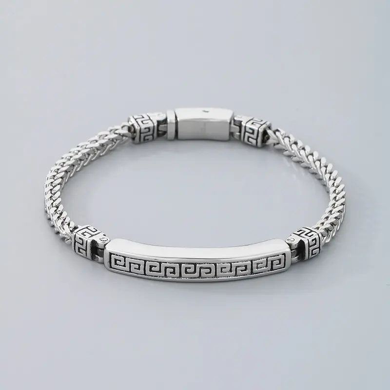 Modern Elegance: Herringbone Stainless Steel Greek Key ID Bracelet