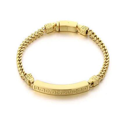 Modern Elegance: Herringbone Stainless Steel Greek Key ID Bracelet