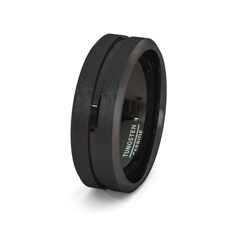 7mm Black Tungsten Carbide Ring with polished center groove and matte surface, featuring beveled edges.