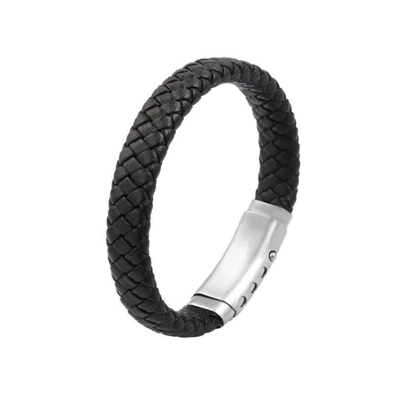 Men’s Black Braided Leather Bracelet with Stainless Steel Adjustable Clasp