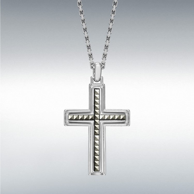 Hoxton London' Men's Sterling Silver 24mm x 43.2mm Pyramid Marcasite-Set Cross Adjustable Necklace 51cm/20" - 55cm/21.5