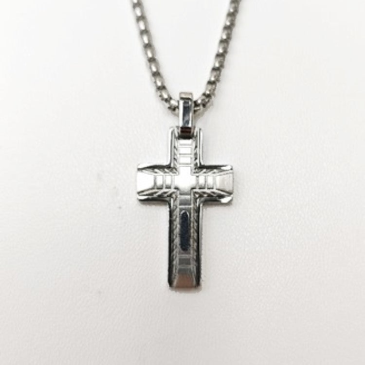 Celestis Stainless Steel Small Cross Pendant with Satin Inlay and chain