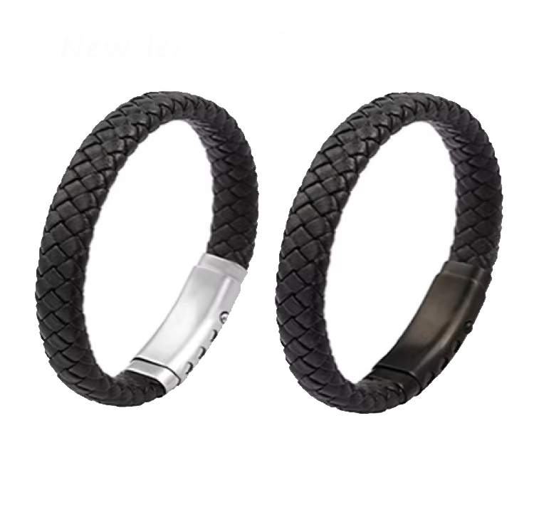Men’s Black Braided Leather Bracelet with Stainless Steel Adjustable Clasp