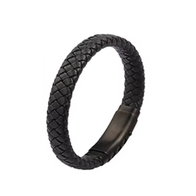 Men’s Black Braided Leather Bracelet with Stainless Steel Adjustable Clasp