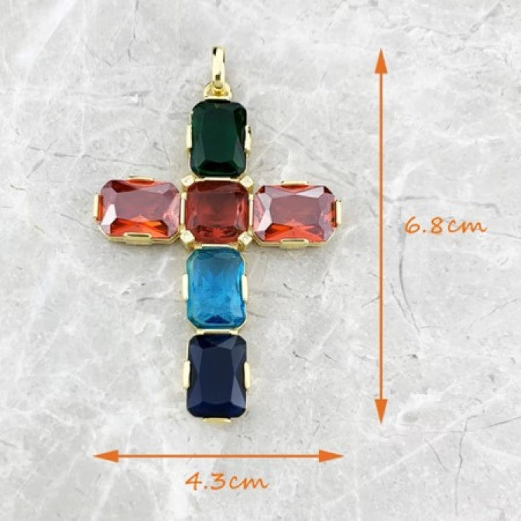 Large Gold-Plated Silver Cross with Austrian Crystals, Strung on an Amethyst Beaded Necklace