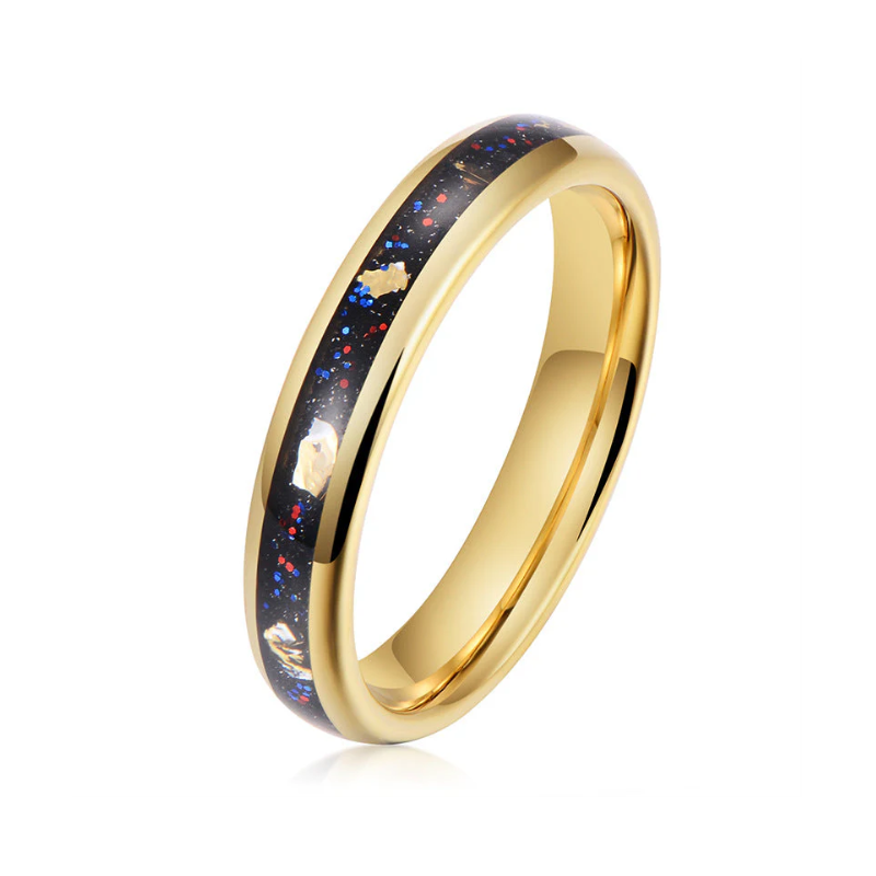 Exquisite Tungsten Carbide Ring with Gold Leaf Meteorite Inlay