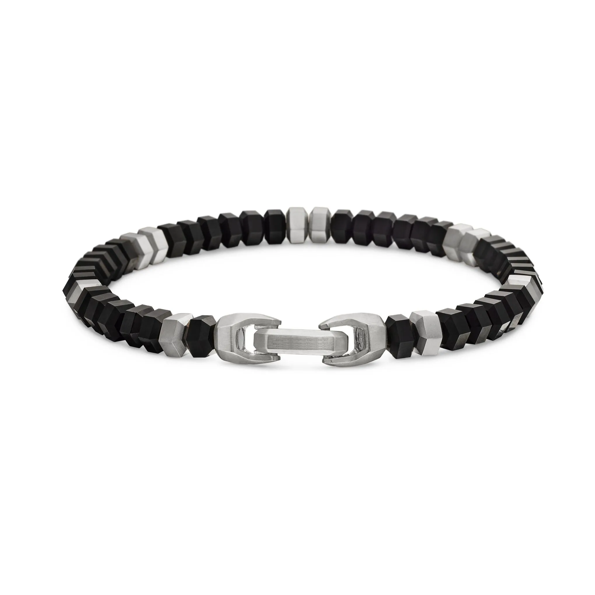 Black Agate Hexagonal Bead Bracelet with Stainless Steel Accents