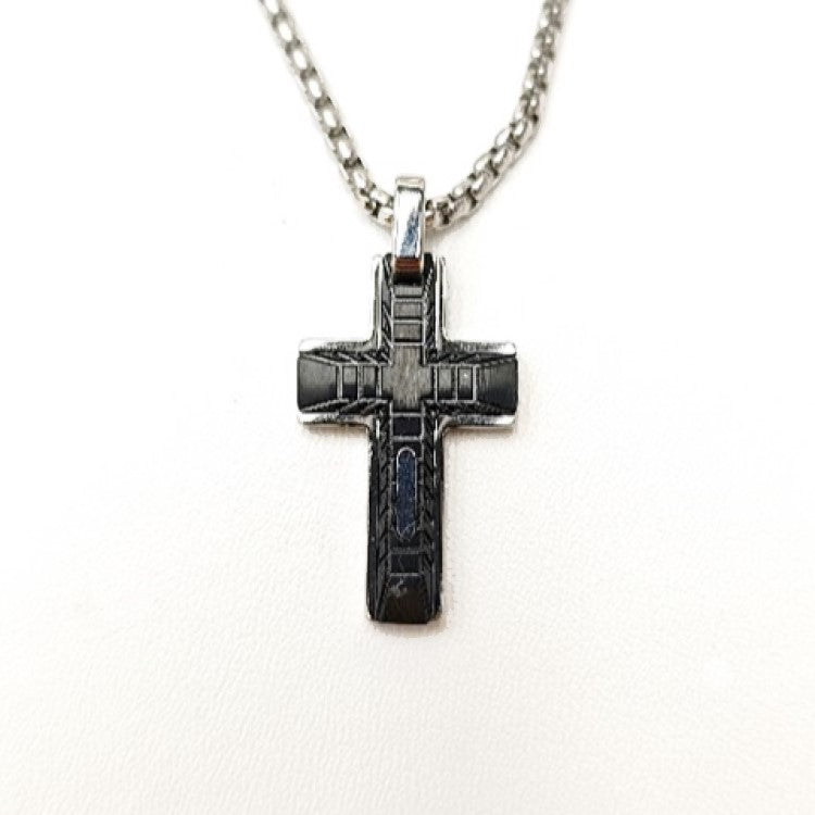 Celestis Stainless Steel Small Cross Pendant with Black Satin Inlay and chain