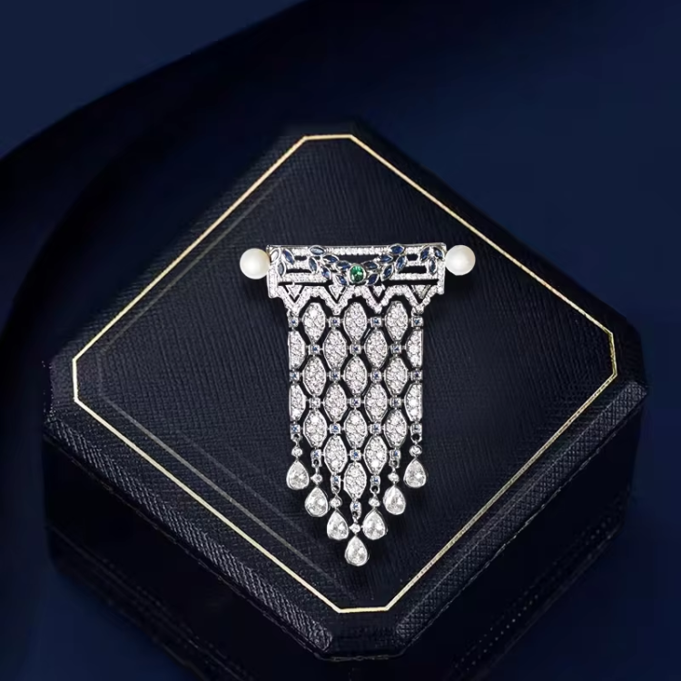 Exquisite Zircon Tassel Brooch with Freshwater Pearl – Art Deco Lapel Pin