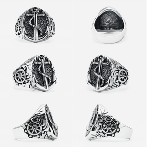 Men’s Retro Anchor Ring featuring anchor and ship's wheel design, vintage style in antique silver tone, 316L stainless steel, 20x16mm oval face.