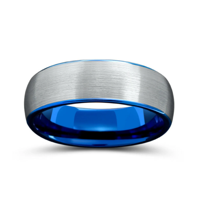 8mm silver and polished blue tungsten carbide ring with brushed exterior and comfort fit design.