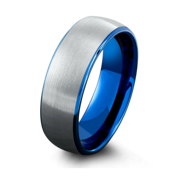 8mm silver and polished blue tungsten carbide ring with brushed exterior and comfort fit.